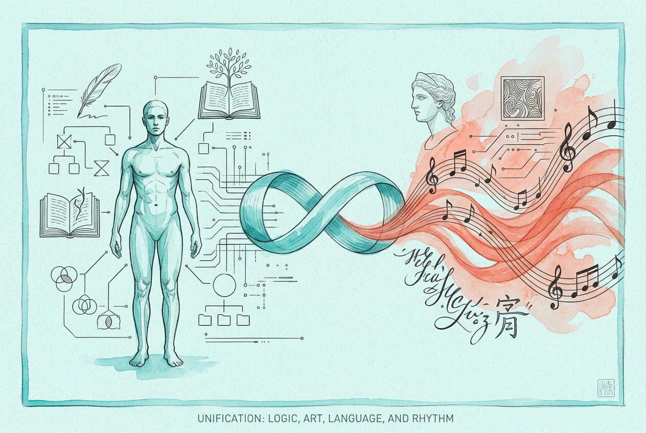Watercolor map joining logic, art, language, and rhythm