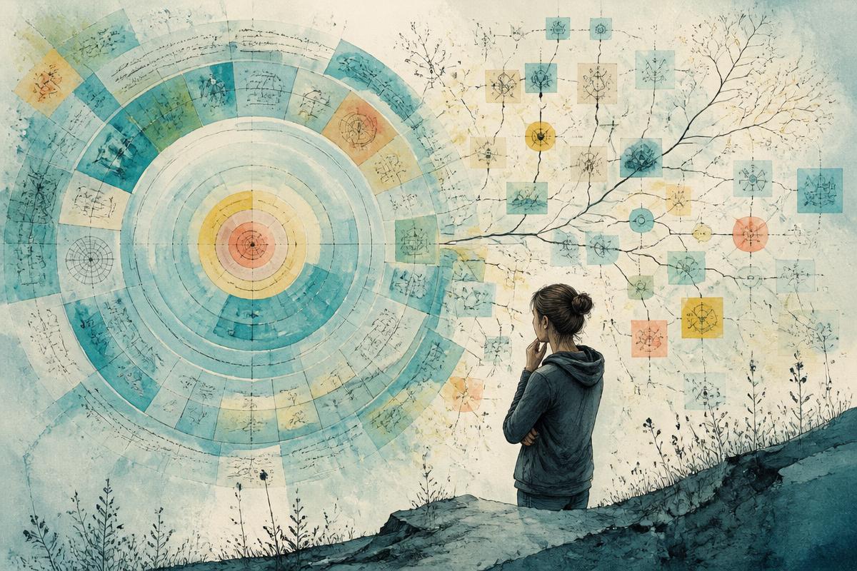 Watercolor knowledge map with concentric learning paths