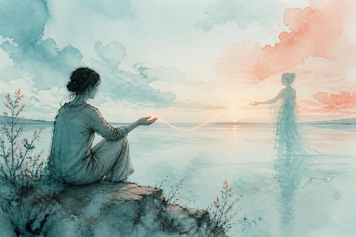 Watercolor figure in dialogue with a future self across the horizon