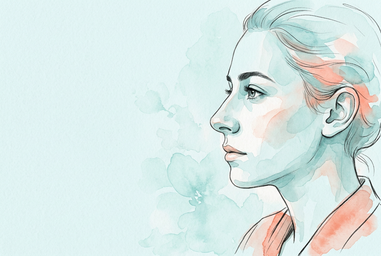 Watercolor portrait of a thoughtful woman in profile
