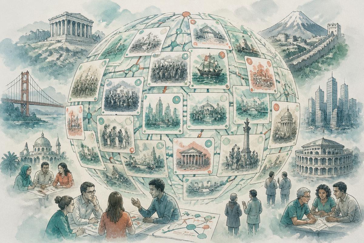 Watercolor globe assembled from civic and historical scenarios