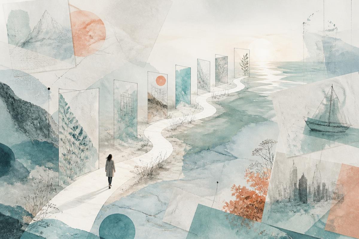 A watercolor path passing through a sequence of reflective thresholds